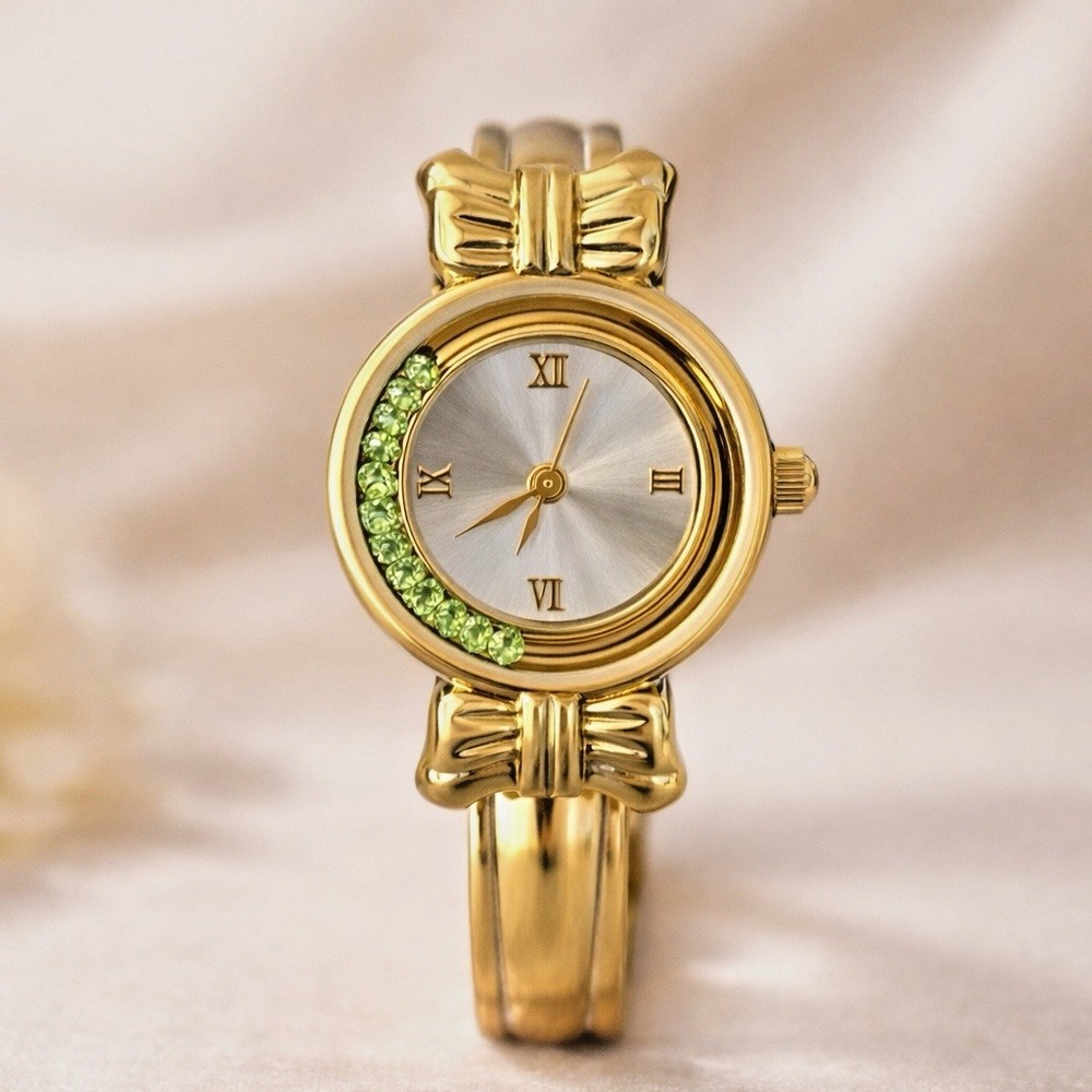 GoldTone Bracelet Watch Floating Lime Green Rhinestone Bezel Japan Quartz Y2K
